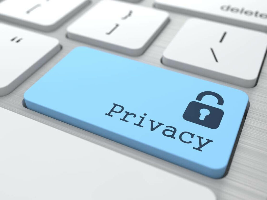  A blue keyboard button with a padlock icon and the text "Privacy" is shown to illustrate the search query "Protecting your mobile number from privacy risks".