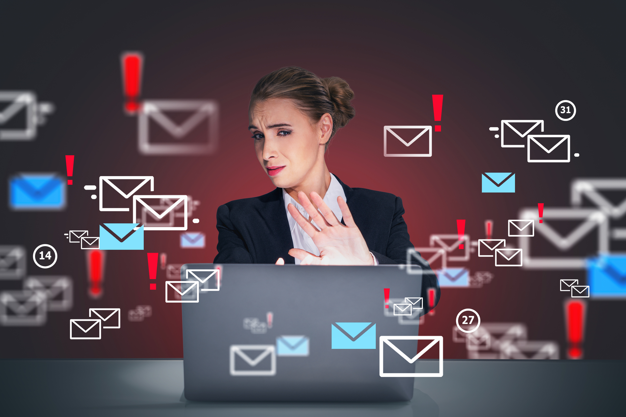 Human Error Concept of woman in front of laptop with emails and warning icons everywhere