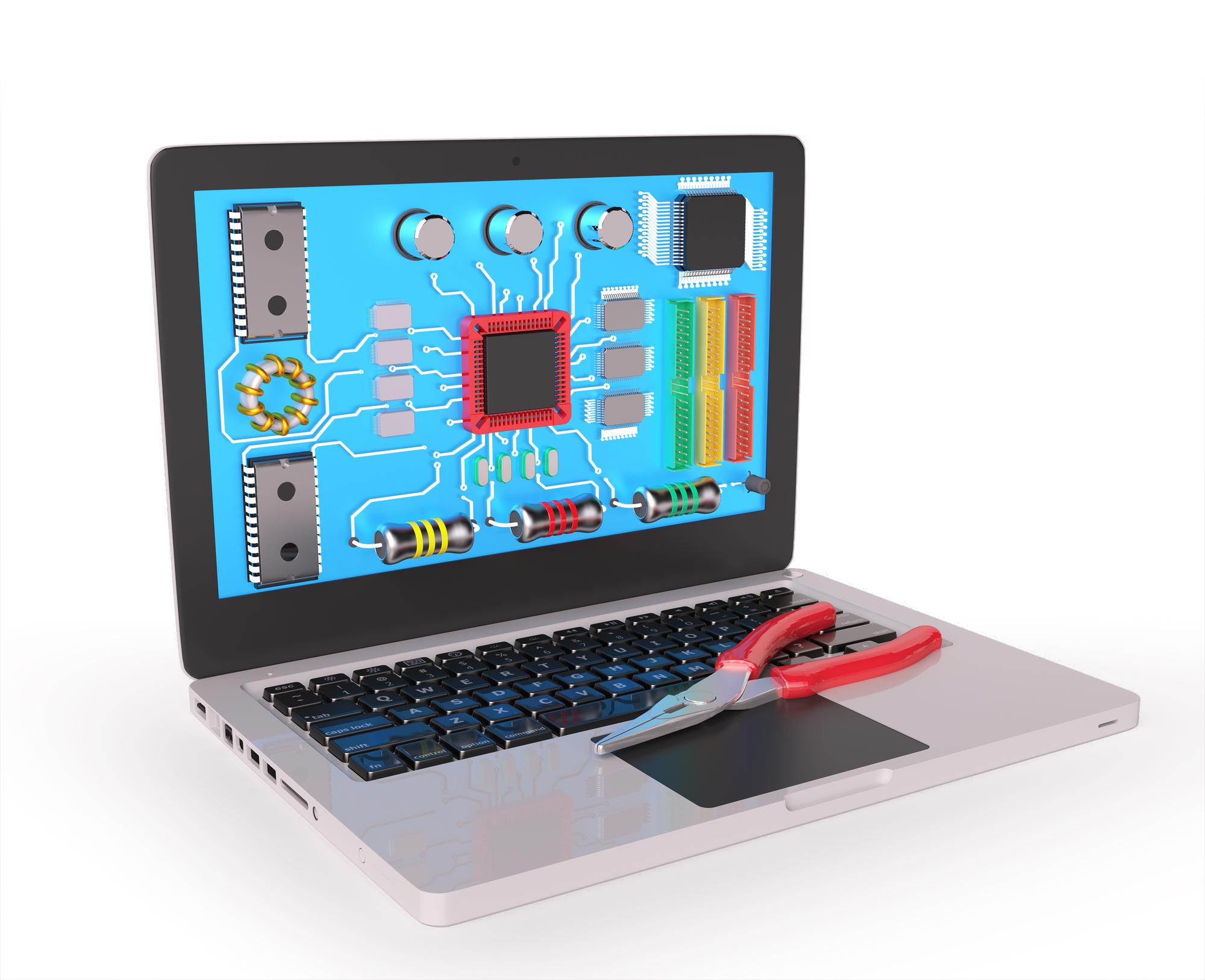 data maintenance concept shown through circuit board and tools on laptop screen