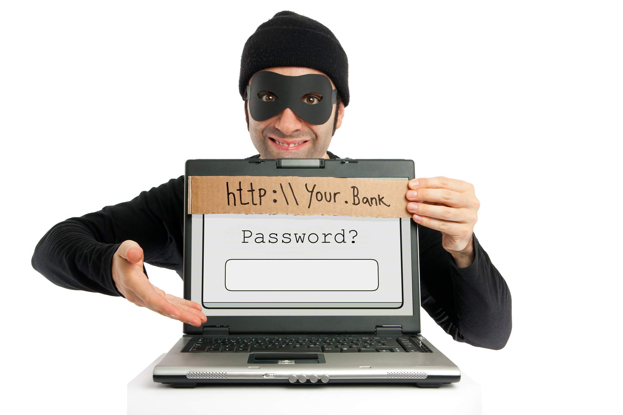 a man in a mask using a prop to demonstrate common cyberattacks like phishing
