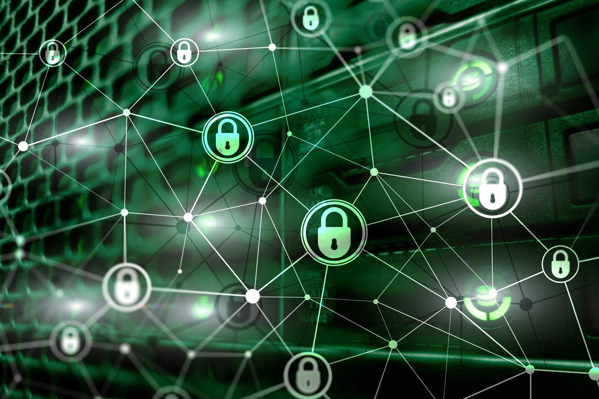 Network Security concept with locks in green showing they're secure